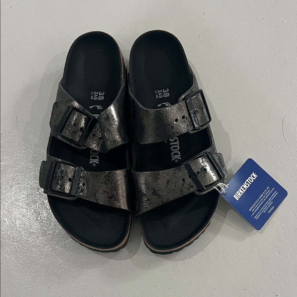 NWT Arizona Birkenstock Shiny Black Double Strap Sandals